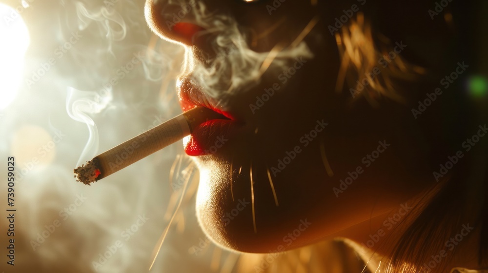 Fototapeta premium Smoking woman with red lips holding a cigarette, showcasing beauty, makeup, and glamour in a close-up fashion shot.