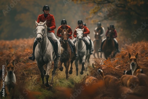 Professional Photography of a Horse and Rider Participating in a Traditional Fox Hunt, Generative AI photo