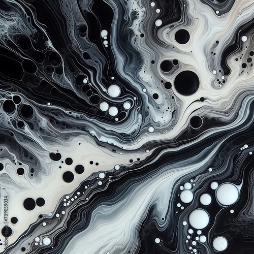 Fluid Art. Liquid white, black and Grey paint spreads in waves no bubble. Marble effect background or texture