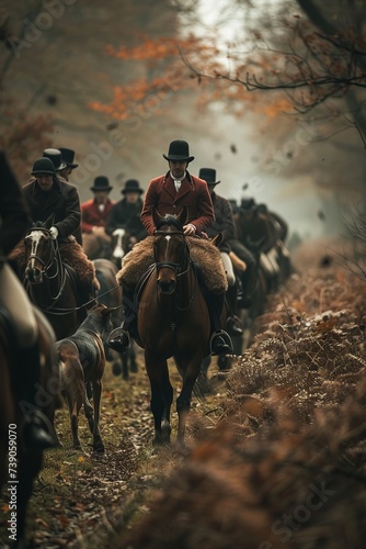 Professional Photography of a Horse and Rider Participating in a Traditional Fox Hunt, Generative AI photo