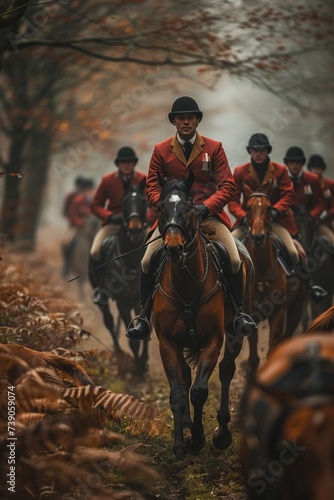 Professional Photography of a Horse and Rider Participating in a Traditional Fox Hunt, Generative AI