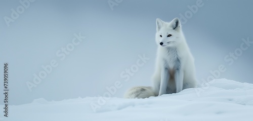 Against the vast expanse of Svalbard's winter terrain, a majestic polar fox rests gracefully in the snow, its fur adorned with delicate frost crystals, embodying the tranquility of the Arctic wilderne photo