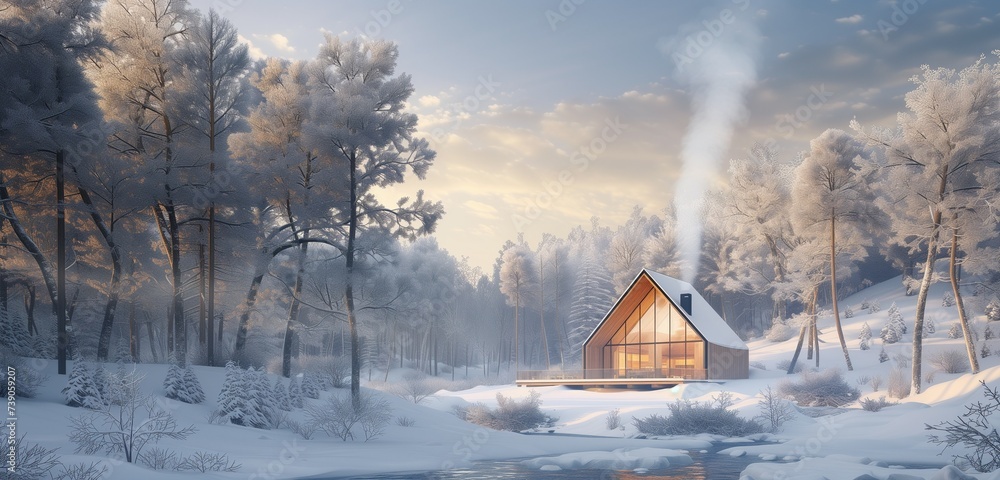 A picturesque winter scene unfolds, featuring a rustic cabin tucked amidst frosted pines, its chimney releasing tendrils of smoke into the crisp air, embodying the charm and coziness of a forested win - obrazy, fototapety, plakaty 