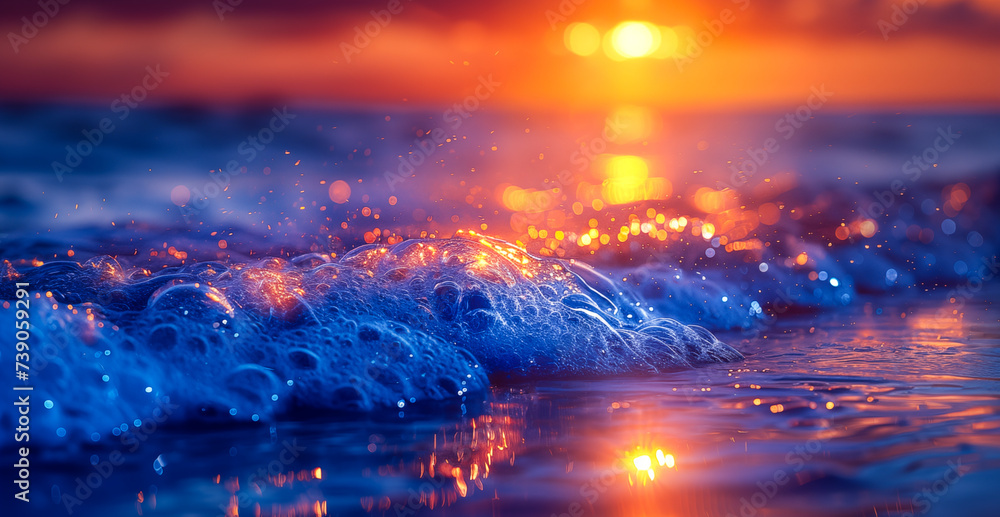 Vibrant sunset over a serene ocean waves, with colorful reflections shimmering on the water. Neon colorful trendy waves close up by Vita