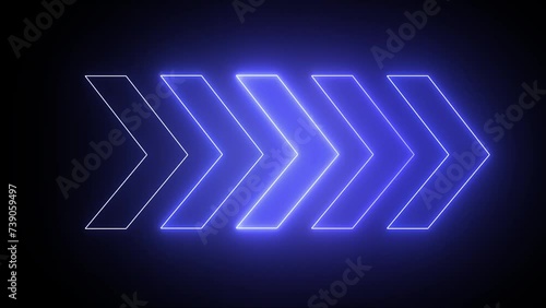 Light arrow retro glow blue casino neon effect. Glowing neon directional arrow in blue. Neon arrows with shining effects, highlights on a black background.
