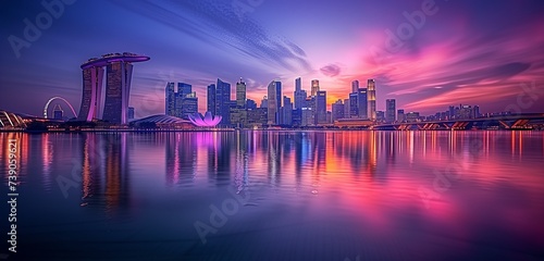 As night falls over Singapore, witness the cityscape transform into a captivating tapestry of lights with reflections shimmering in the waters below capturing the ethereal beauty of a twilight skyline