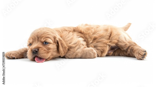 Adorable red / abricot Labradoodle dog puppy, laying down side ways, looking towards camera with shiny dark eyes. photo