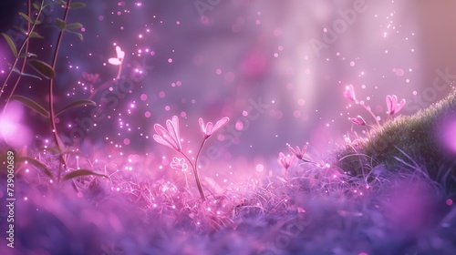 Background is immersed in small pink particles of light gracefully floating in the air.