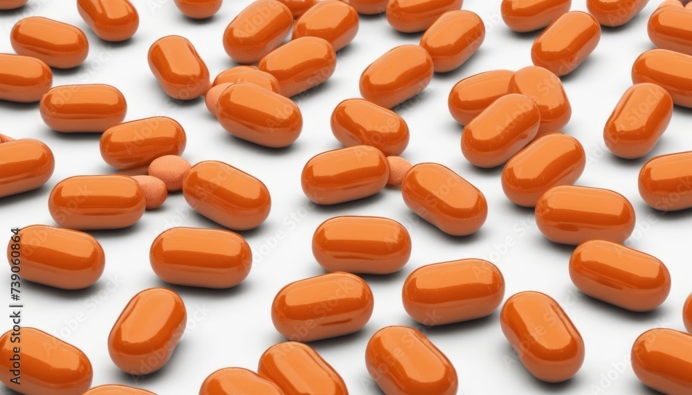 A collection of orange pills on a white background A collection of orange pills on a white background
