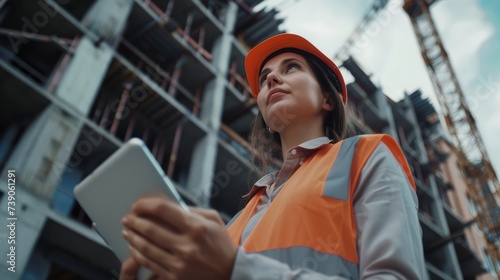 Female construction engineer. Architect with a tablet computer at a construction site. Young Woman looking, building site place on background.