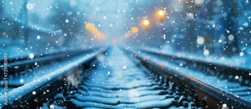 Winter Arrival, Train Approaches a Snow-Covered Station, Painting a Picture of Seasonal Tranquility and Motion