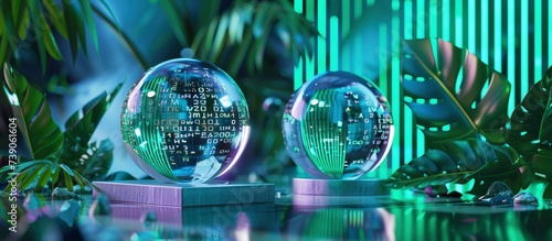 Crystal with Binary Code in Green and Blue, Against a Background of Natural