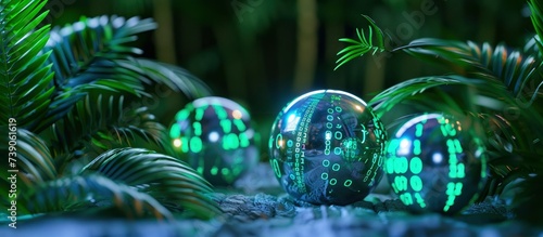 Crystal with Binary Code in Green and Blue, Against a Background of Natural