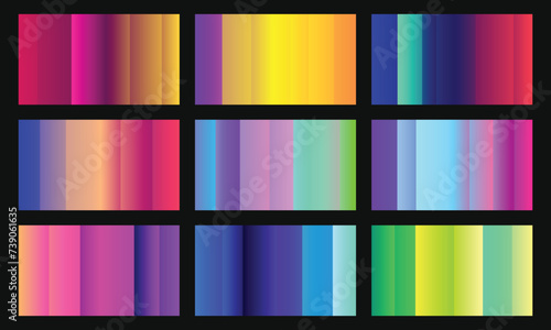 Set of colorful gradient swatches set. Multicolored color gradation palette template. Vibrant color reference bundle.