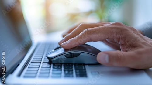 Male hand holding computer mouse with laptop keyboard in the background photo
