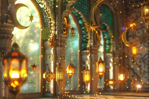 Ramadan Kareem background with arabic lanterns, stars and crescent moon