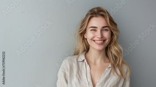 Pretty smiling joyfully female with fair hair, dressed casually, looking with satisfaction at camera, being happy. Studio shot of good-looking beautiful woman photo