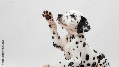 Side view of a Dalmatian puppy pawing up, isolated on white