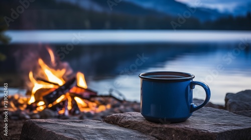 Blue metal mug against the backdrop of a calm mountain lake.