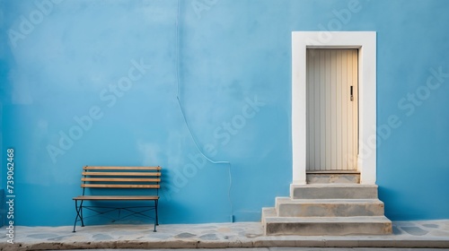 Blue wall with a closed door and a staircase. © kept