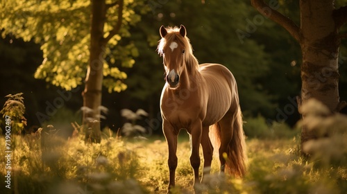 Brown horse in forest.