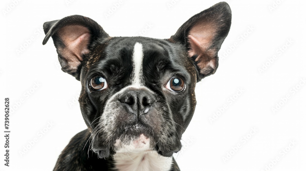 Studio headshot portrait of Boston terrier dog with head tilted looking forward against a white background