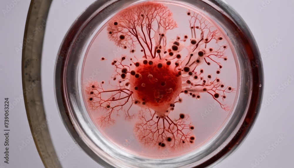 Microscopic view of a red blood cell with its network of capillaries Microscopic view of a red blood cell with its network of capillaries