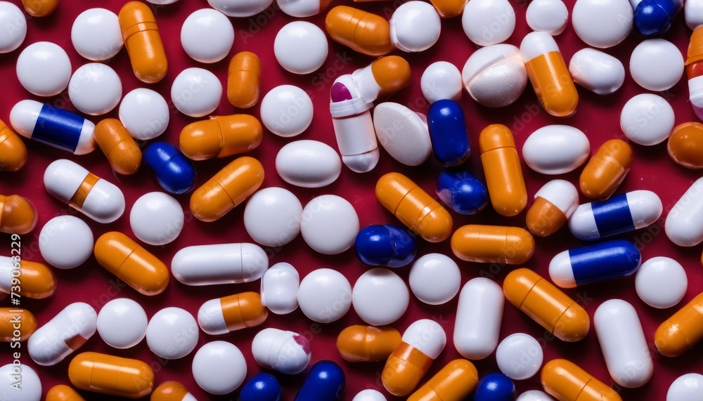  Various colored pills on a red background