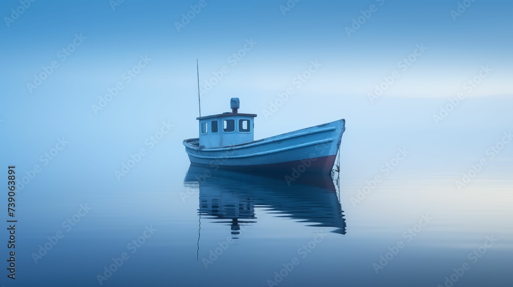 Fishing boat floating on calm blue seas, enveloped in misty fog.