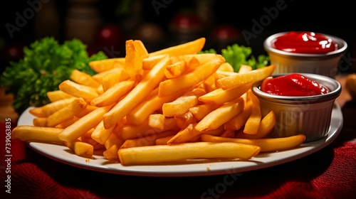 French fries on a plate with red ketchup.