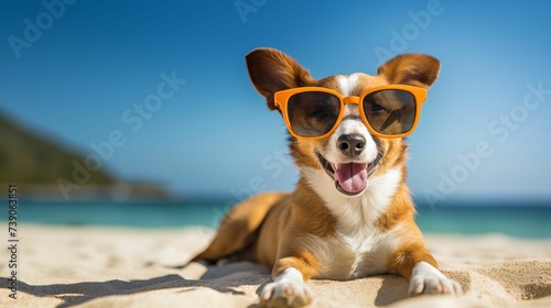 Dog with stylish sunglasses, on a beach.