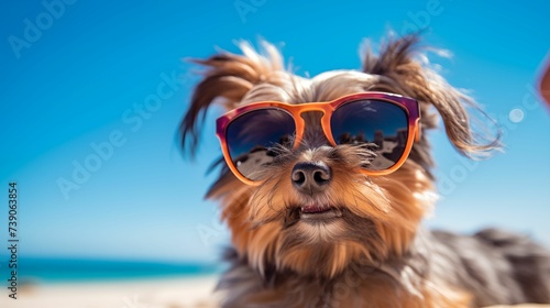 Dog with stylish sunglasses, on a beach. © kept