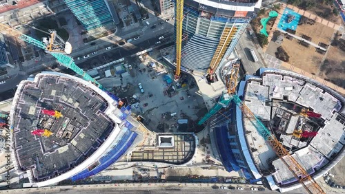 Asia Aerial view of the high-rise apartment construction site at The Sharp Songdo Ark Bay Apartment in Incheon, South Korea.  photo