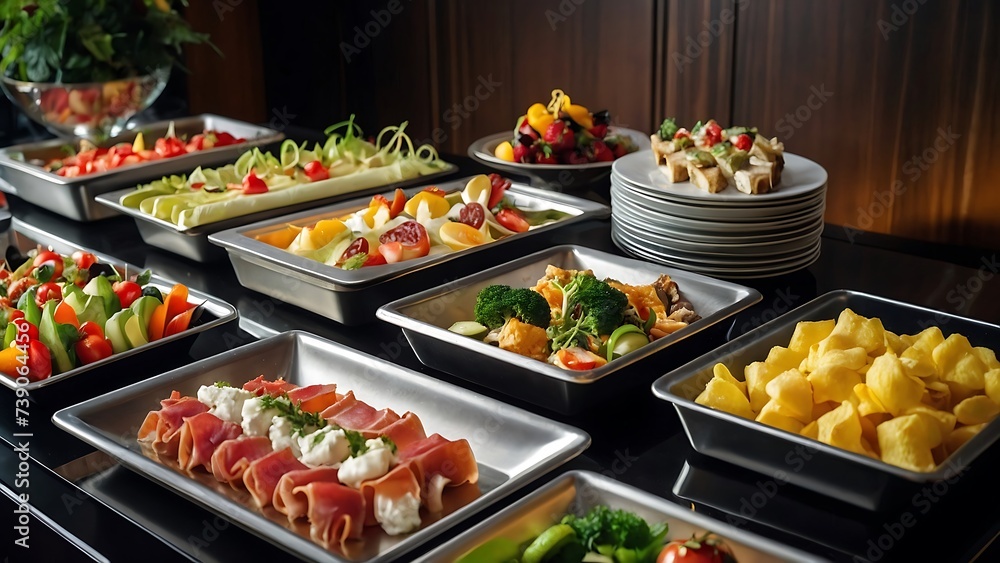 Buffet with a very delicious varieties of barbecue , pastries , desserts, international food
