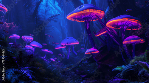 Mushroom jungle with neon light glow