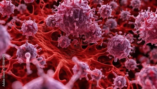  Microscopic view of cancer cells in a red blood cell network