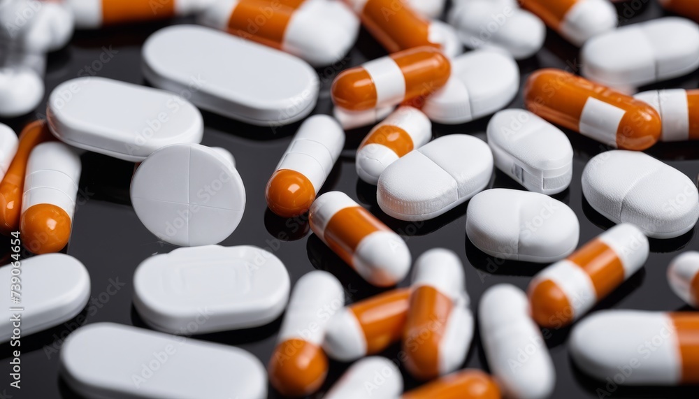  Medicine capsules in close-up, with focus on the orange and white coating