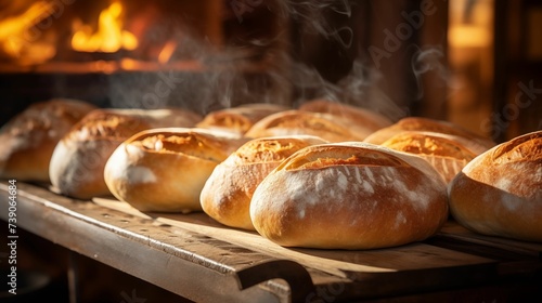 Freshly baked loafs of bread on oven trays.