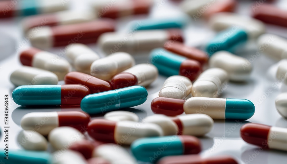  A close-up of various colorful pills on a surface