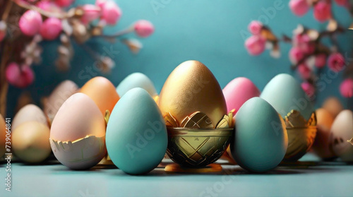 golden Easter background with golden east lining on the  eggs with pretty colorful embedded lining  on the  egg with colorful golden lines nag shinning nit surface   photo