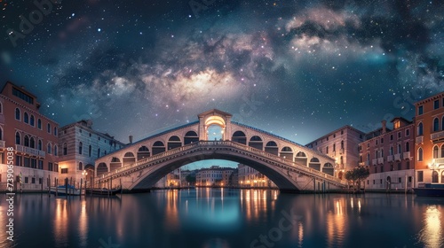 Nighttime Odyssey, Dramatic Long Exposure Capture of a Modern Bridge, With Reflective Waters Below, Enveloped by Clouds and the Milky Way Galaxy Above.