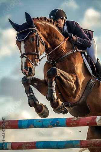 Professional Photography of a Horse and Rider Jumping Over a Series of Colorful Show Jumps, Generative AI © Giantdesign