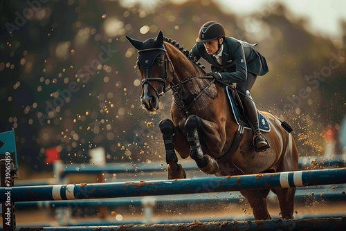 Professional Photography of a Horse and Rider Jumping Over a Series of Colorful Show Jumps, Generative AI photo