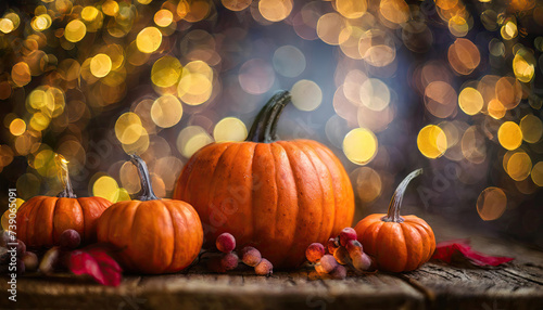 Halloween  orange pumpkins on a wooden table on a bokeh glowing background  copy space  Generated AI