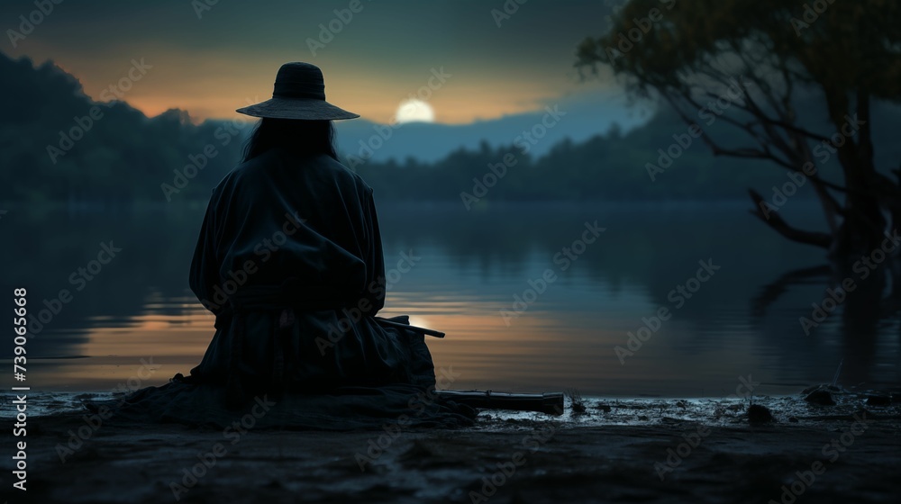 Hooded samurai deep in meditation. Hooded samurai deep in meditation.