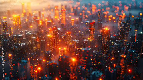 A stunning, high-angle view of a futuristic cityscape bathed in warm glowing lights and shrouded in a soft mist, evoking a sense of urban vibrancy and technological advancement. 
