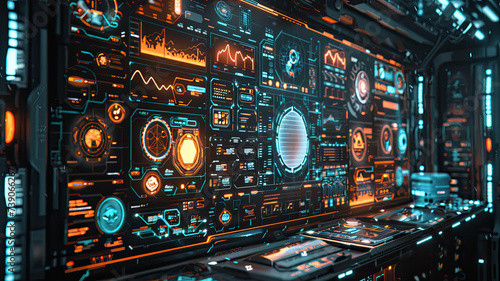 Detailed view of a futuristic control panel with interactive displays and glowing orange interfaces in a high-tech environment. 