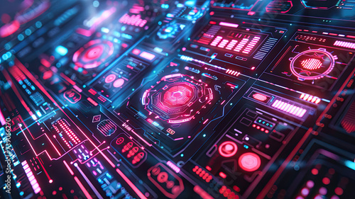 Close-up of a futuristic cybersecurity interface with intricate neon circuitry and holographic projections, symbolizing high-level digital encryption. 