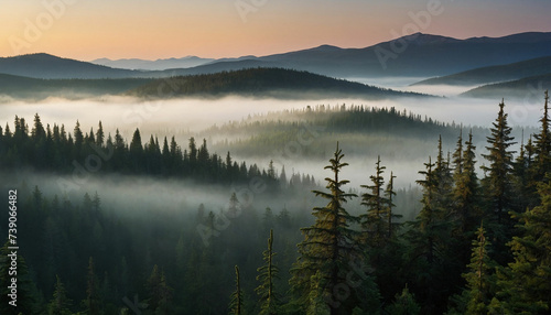 A spruce landscape zoom in on the dew kissed needles, each glistening in the soft light, while distant peaks fade into a dreamy mist and let the viewer feel the crispness of the air and the quiet anti