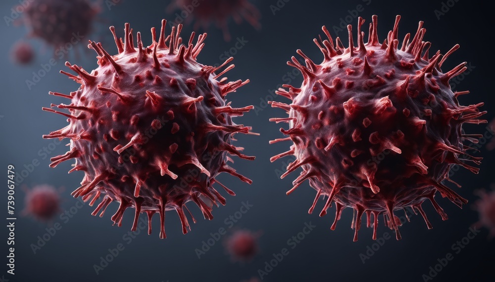 Viral particles in a microscopic view, illustrating the complexity of infectious agents Viral particles in a microscopic view, illustrating the complexity of infectious agents
